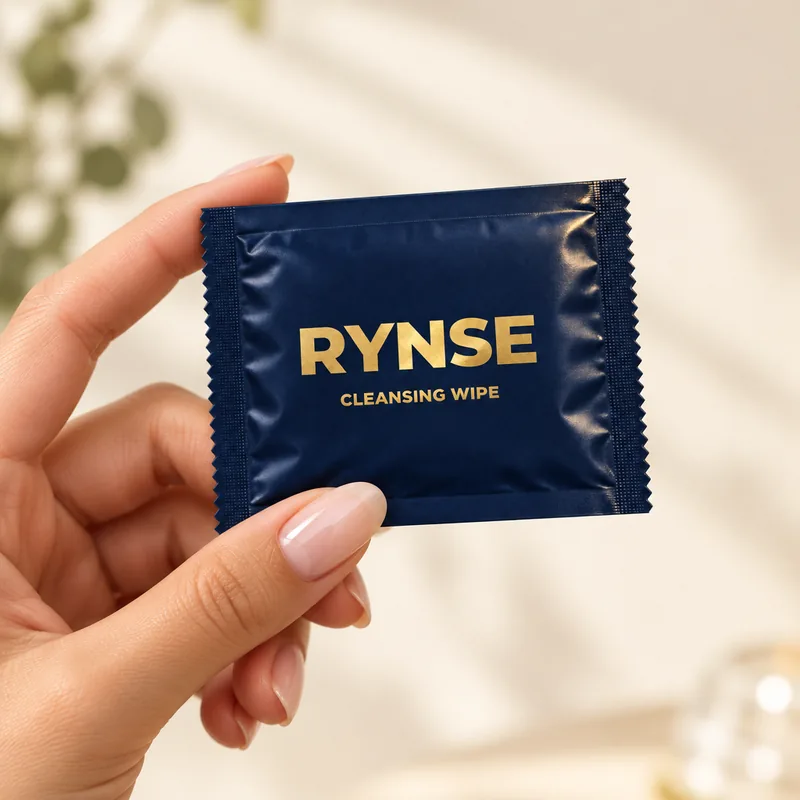A hand holding a RYNSE sachet