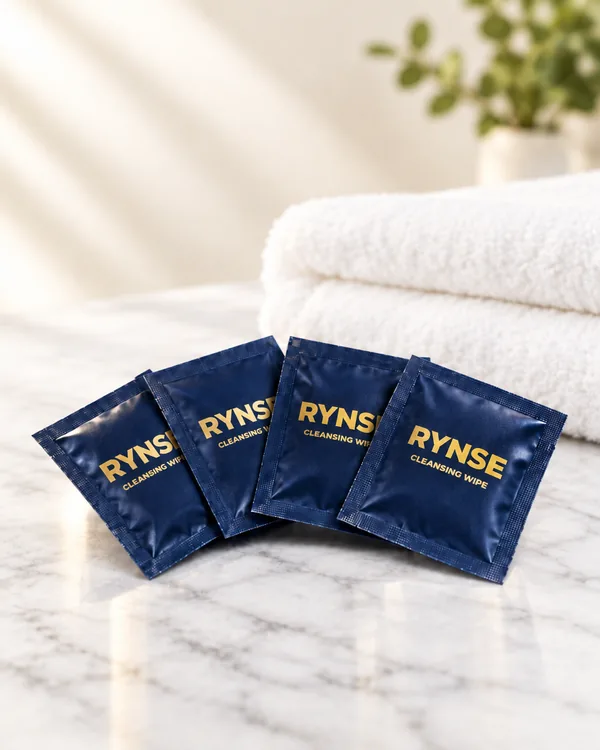 RYNSE sachets stacked on white marble in front of folded towels