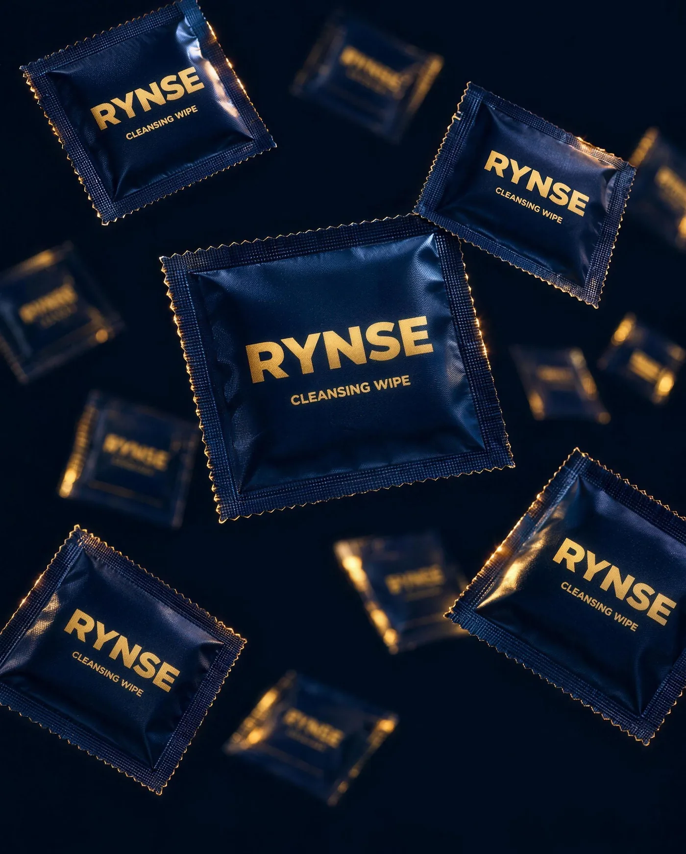 Sobre RYNSE azul marino con logotipo dorado flotando en un estudio oscuro