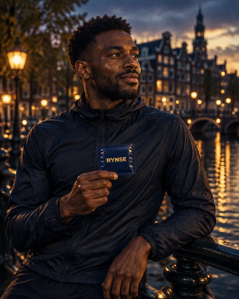Hombre recuperando el aliento tras correr en un puente de los canales de Ámsterdam, con un sobre RYNSE en la mano