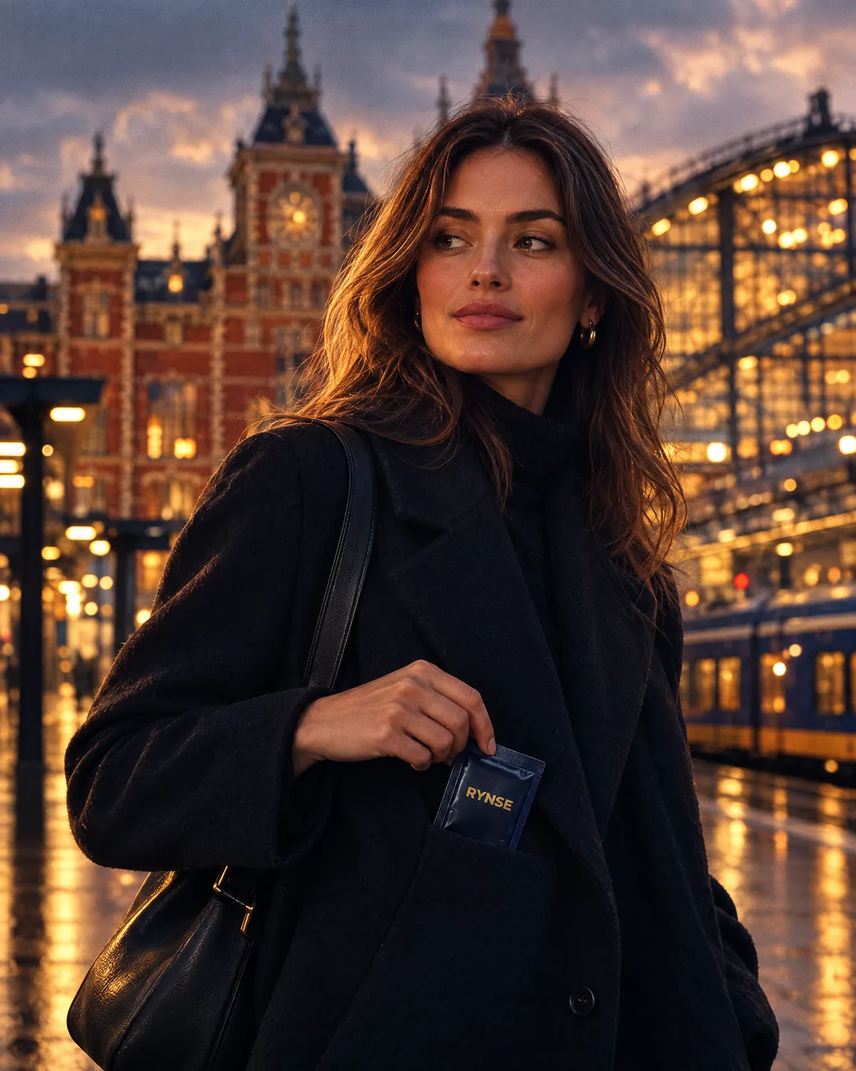 Mujer en la estación Amsterdam Centraal sacando un sobre RYNSE del bolsillo del abrigo