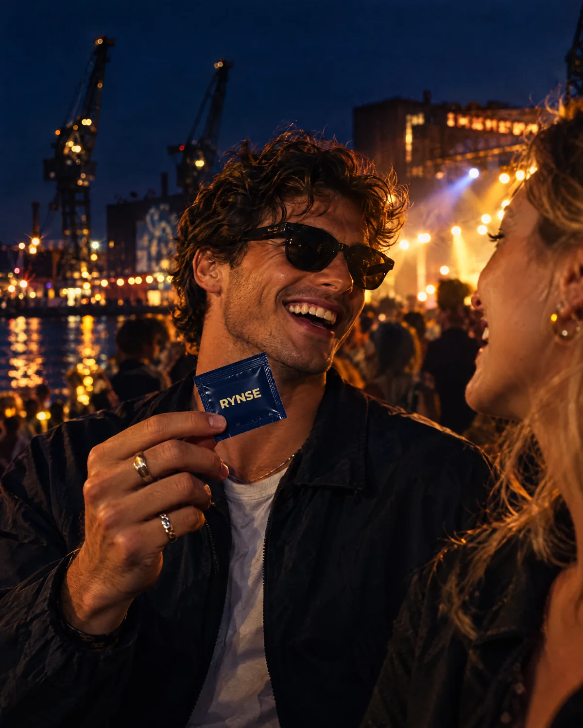 Amigos en un festival nocturno junto al agua en Ámsterdam, uno con un sobre RYNSE