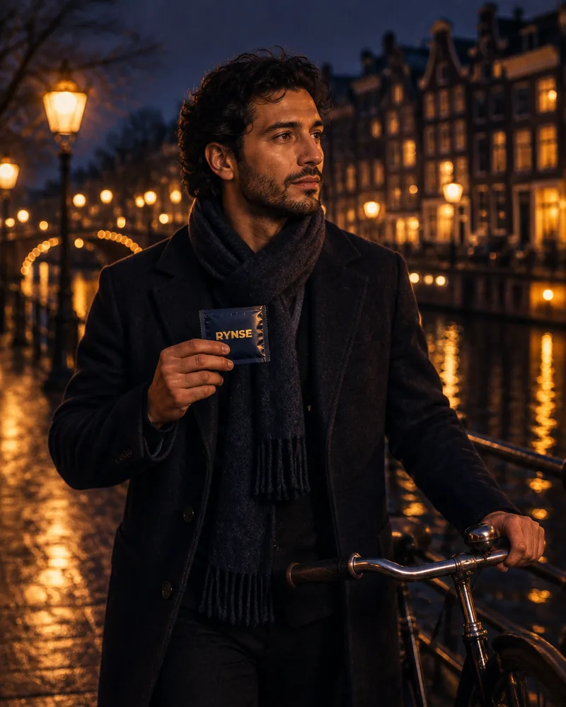 Hombre en bicicleta por un canal de Ámsterdam de noche con un sobre RYNSE en la mano