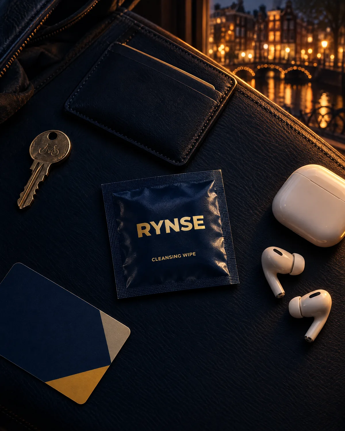 Bodegón de objetos de bolsillo con un sobre RYNSE como protagonista