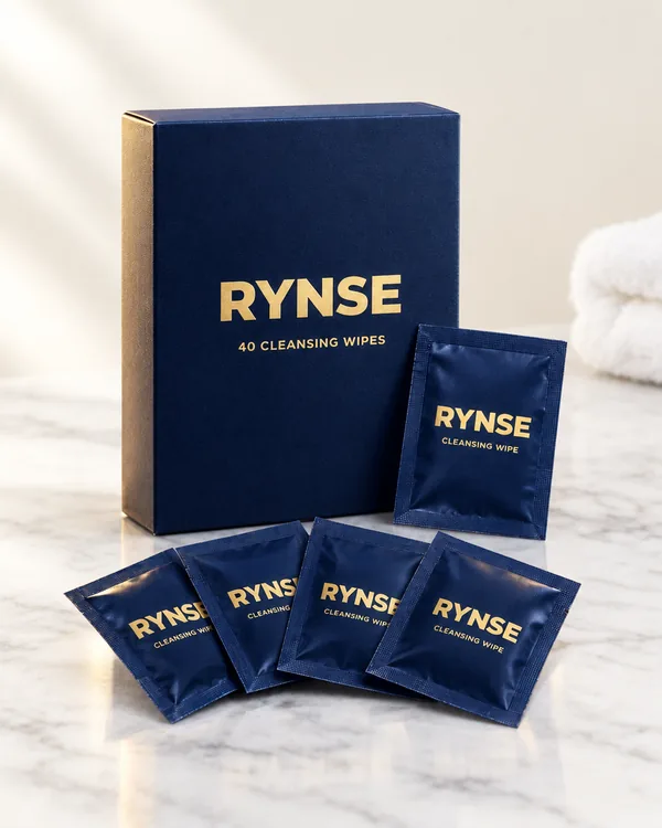 RYNSE box of 40 cleansing wipes with loose sachets on white marble