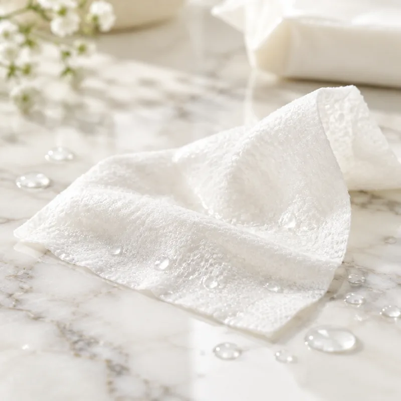 A moist white cleansing wipe on marble